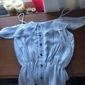 Blue and white button down off shoulder top